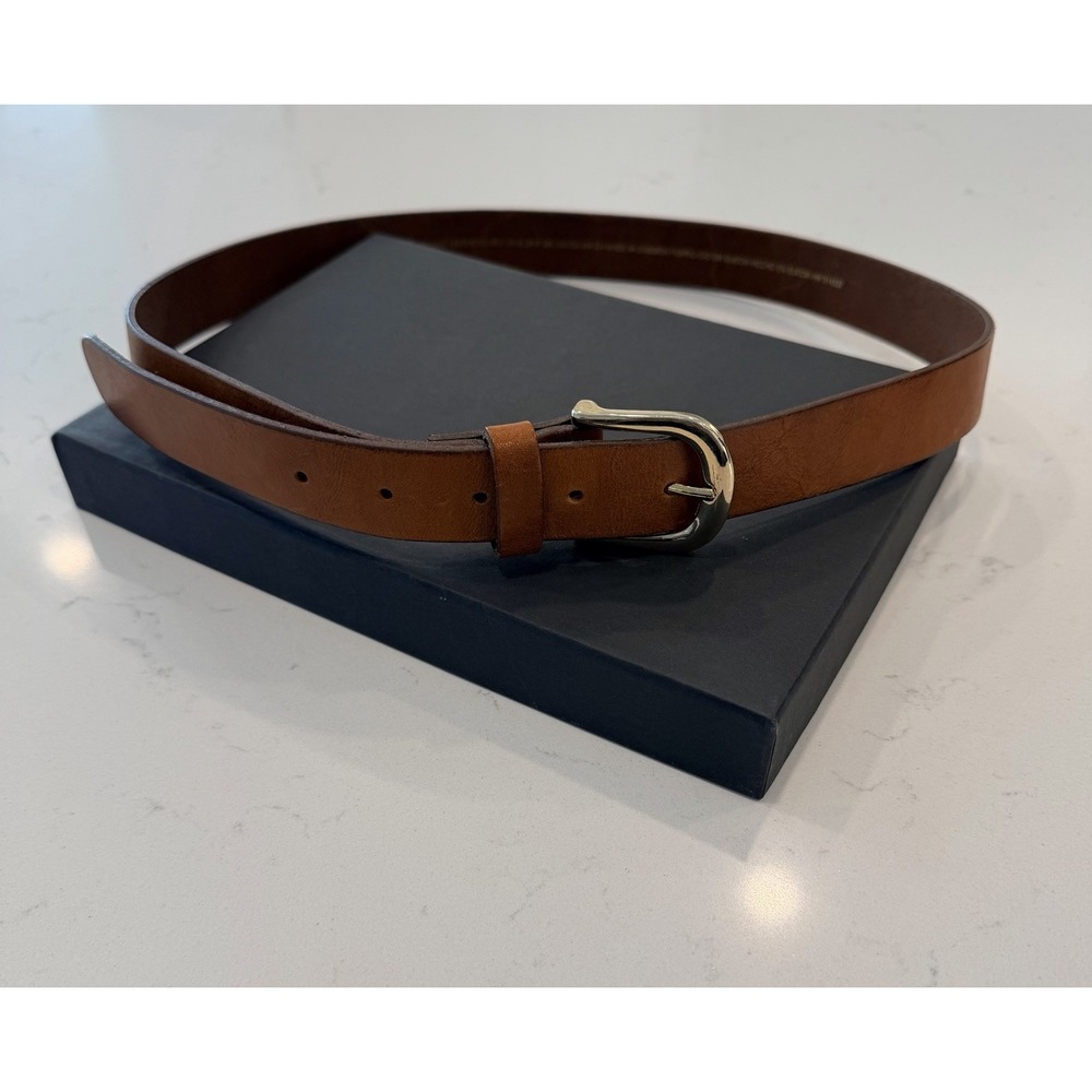 H&M Womens Brown Genuine Leather Belt Sz S MADE IN Sweden Adjustable Gold Buckle